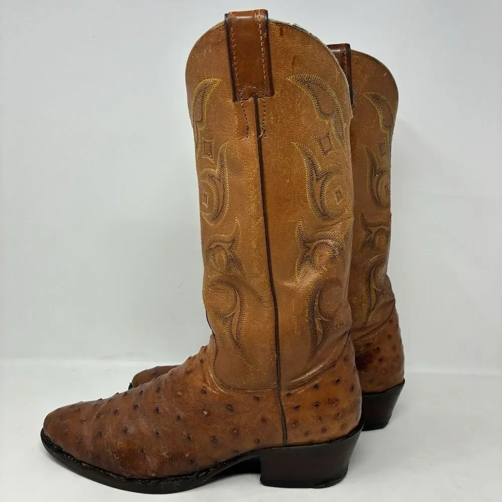 VGUC 8.5 D Justin Boots Full Quill Ostrich Cognac Tan Exotic Men's 8925 Vintage